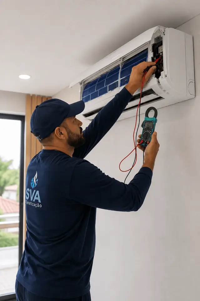 Detalhe da execução técnica da instalação de um ar-condicionado