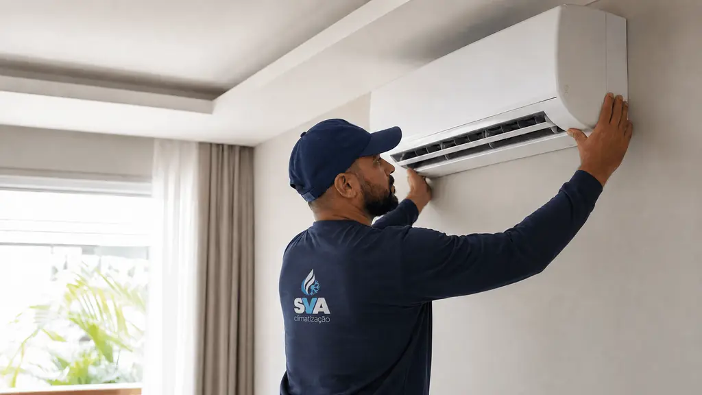 Técnico da SVA Climatização realizando a instalação de um ar-condicionado split
